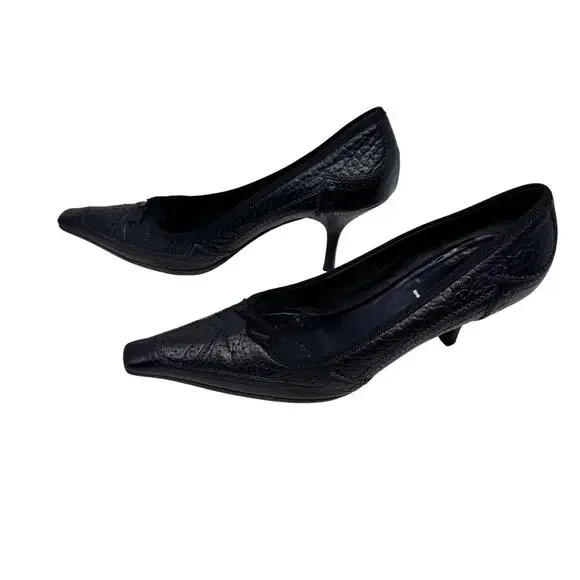 Vintage Prada Brogue Kitten Heel Pumps Black Leather Square Toe Size 39 - Picture 5 of 10